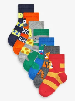 Next - Paquet de chaussettes en coton riche 7 Animal rouge/bleu/vert Clearance