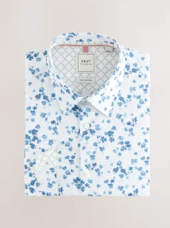 Next Aquarelle blanc/bleu fleuri - Chemise formelle imprimée 100% coton à manches longues et poignets simples Clearance