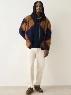 Next Argyle bleu marine/marron fauve - Zippé sur toute la longueur - Polaire imprimée Clearance