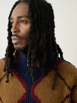 Next Argyle bleu marine/marron fauve - Zippé sur toute la longueur - Polaire imprimée Clearance