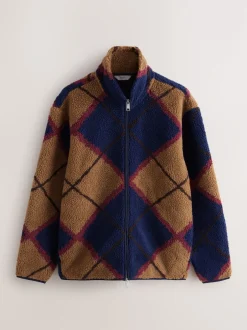 Next Argyle bleu marine/marron fauve - Zippé sur toute la longueur - Polaire imprimée Clearance