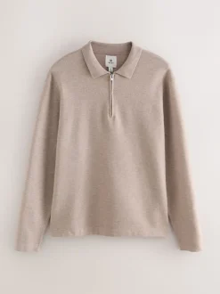 Next - Col zippé - Polo N.premium en maille à manches longues haut de gamme à manches longues Avoine Sale
