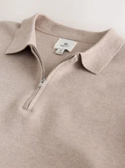 Next - Col zippé - Polo N.premium en maille à manches longues haut de gamme à manches longues Avoine Sale