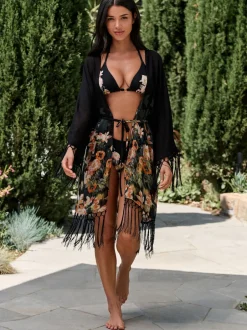 B by Ted Baker Kimono à glands en viscose noir fleuri Koi Sale