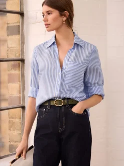 Next Bande bleue - Chemise décontractée douce à manches longues et col en V Clearance