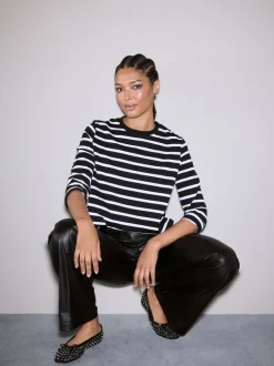 Next - T-shirt manches longues Col rond épais Bande noire/blanche Outlet