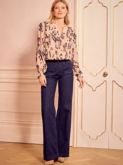 Love & Roses - Chemisier manches longues à col cranté Beige Animal Online