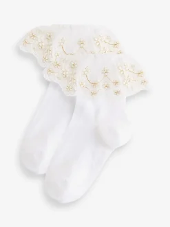 Next Blanc - 2 Lot de chaussettes en coton riche en fleurs pour filles Volants Clearance