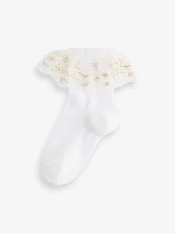 Next Blanc - 2 Lot de chaussettes en coton riche en fleurs pour filles Volants Clearance
