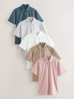 Next - Ajustement régulier - Polo en jersey Manches courtes 5 Pack Blanc / Bleu / Neutre / Rose / Gris Best