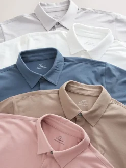 Next - Ajustement régulier - Polo en jersey Manches courtes 5 Pack Blanc / Bleu / Neutre / Rose / Gris Best