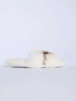 Boux Avenue Blanc - Chaussons curseurs en peluche avec nœud Clearance