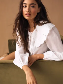 Next Blanc - Chemisier brodé à manches longues avec col New