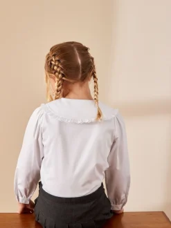 Next Blanc - Chemisier scolaire à manches longues en coton extensible haut de gamme à volants (3-14ans) Online