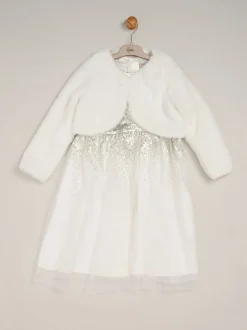 Miss Blanc - Ensemble robe Waterfall à sequins et boléro en fausse fourrure Clearance
