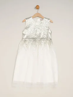 Miss Blanc - Ensemble robe Waterfall à sequins et boléro en fausse fourrure Clearance