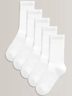 Next Blanc - Lot de 5 paires de chaussettes côtelées en coton majoritaire à semelle intérieure rembourrée Clearance
