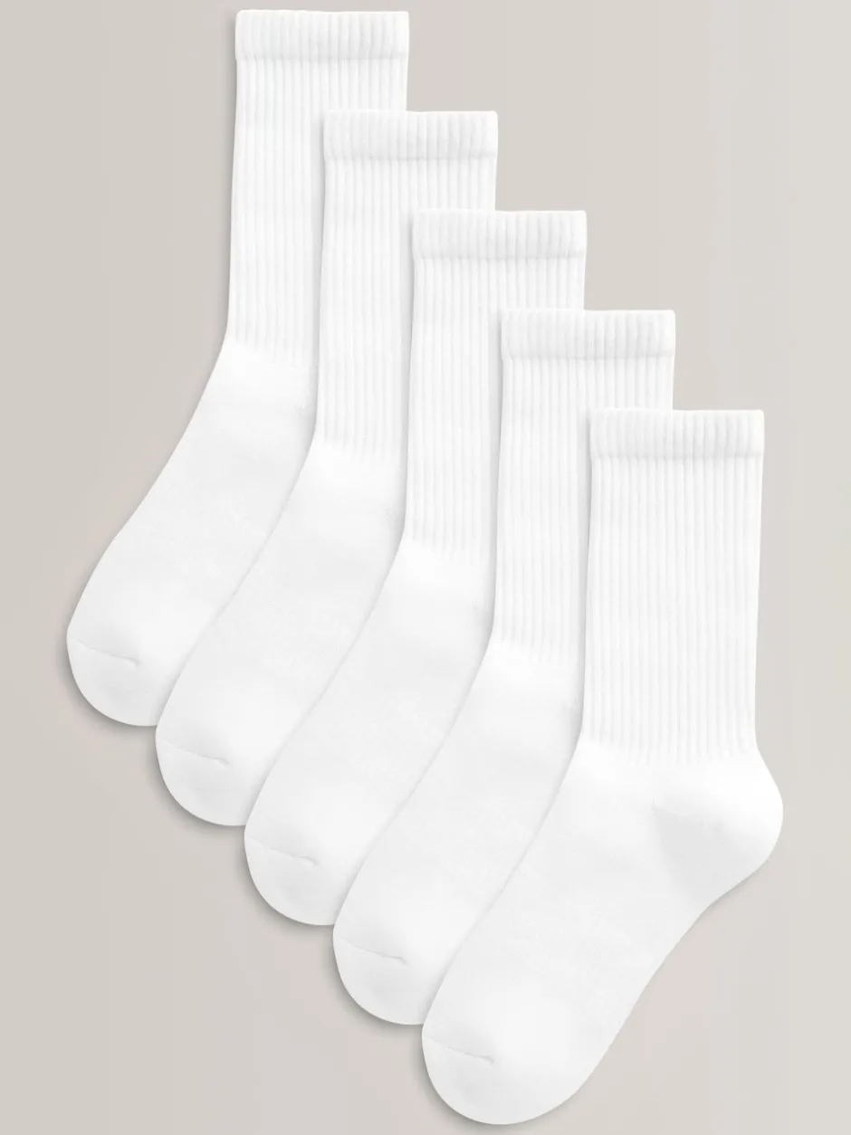 Next Blanc - Lot de 5 paires de chaussettes côtelées en coton majoritaire à semelle intérieure rembourrée Clearance