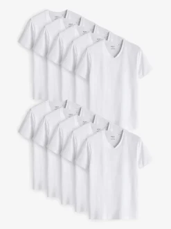 Next Blanc - Lot de 10 T-shirts Col en V 100% Coton Coupe ajustée Discount