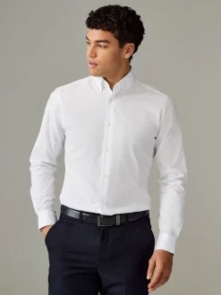 Next Blanc col boutonné - Slim Fit (Slim Fit) - Chemises intelligentes faciles d’entretien à poignets simples New