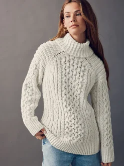 Next Blanc écru - Pull long torsadé à col roulé en laine New