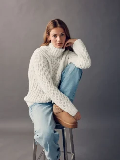 Next Blanc écru - Pull long torsadé à col roulé en laine New