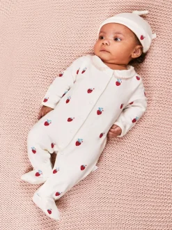 Jojo Maman Bébé Blanc motif fraise - Bonnet bébé en coton brodé Discount