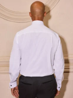 Next Blanc étroit Plissé - Chemises de chambre à double poignet 100% coton avec col découpé Clearance