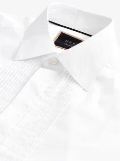 Next Blanc étroit Plissé - Chemises de chambre à double poignet 100% coton avec col découpé Clearance