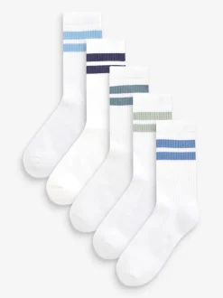 Next - Cushioned Semelle intérieure Cotton Rich Ribbed Tipped Chaussettes 5 Lot Blanc/Bleu