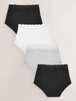 Next - Lot de 4 culottes en coton et dentelle Blanc/Noir/Gris Clearance