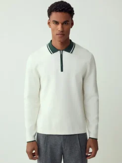 Next - Col zippé - Polo N.premium en maille à manches longues haut de gamme à manches longues Blanc/Vert écru Online