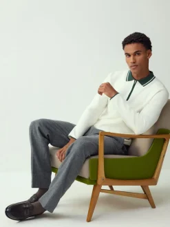 Next - Col zippé - Polo N.premium en maille à manches longues haut de gamme à manches longues Blanc/Vert écru Online