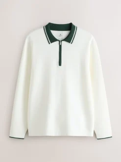 Next - Col zippé - Polo N.premium en maille à manches longues haut de gamme à manches longues Blanc/Vert écru Online
