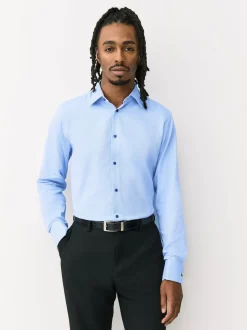 Next Bleu - Ajustement régulier - Chemise formelle texturée à manches longues 100% coton avec bordure Sale