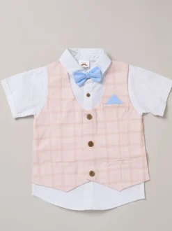 Little Gent Bleu - Chemise 100% coton avec gilet simulé et ensemble nœud papillon New