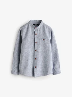 Next Bleu - Chemise texturée en coton et lin à manches longues et col grand-père (3-16ans) Discount