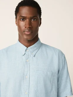 Next Bleu - Col Classique - Chemise à manches courtes en lin et coton mélangés Online