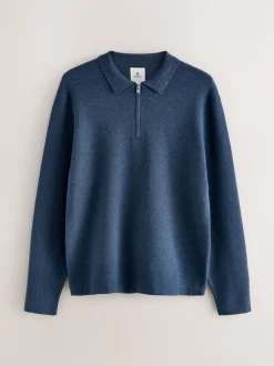 Next - Col zippé - Polo N.premium en maille à manches longues haut de gamme à manches longues Bleu Sale