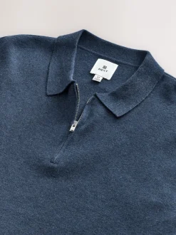 Next - Col zippé - Polo N.premium en maille à manches longues haut de gamme à manches longues Bleu Sale