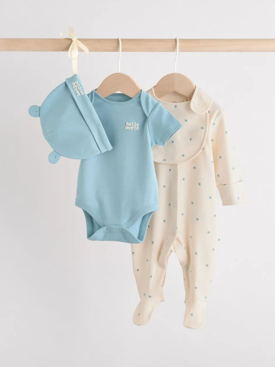 Next Bleu - Combinaison de nuit bébé, Body, Bonnet et Bavoirs bébé Ensemble 4 Pièces (0-12mois) Sale