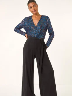 Roman Bleu - Combinaison Sequin Wrap Col en V extensible Hot