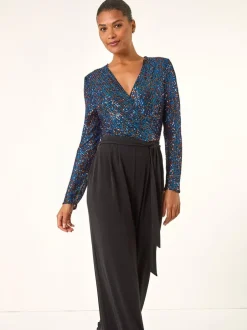 Roman Bleu - Combinaison Sequin Wrap Col en V extensible Hot