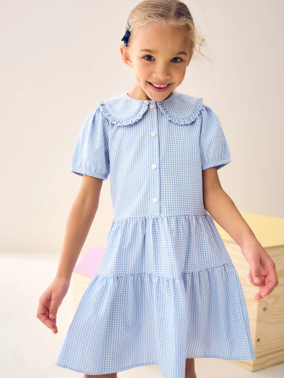 Next Bleu - Cotton Rich School Vichy Tiered Pretty Collar Robe (3-14yrs) Clearance