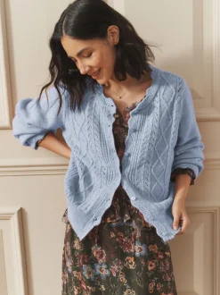 Laura Ashley Bleu - Cardigan boutonné pointelle et festoncles avec une touche de laine Outlet