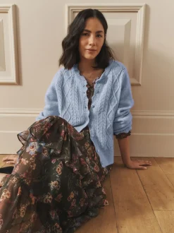 Laura Ashley Bleu - Cardigan boutonné pointelle et festoncles avec une touche de laine Outlet