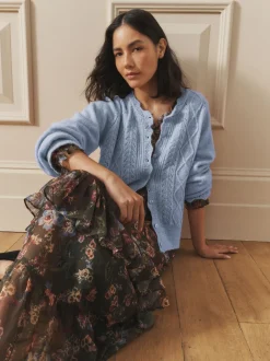 Laura Ashley Bleu - Cardigan boutonné pointelle et festoncles avec une touche de laine Outlet