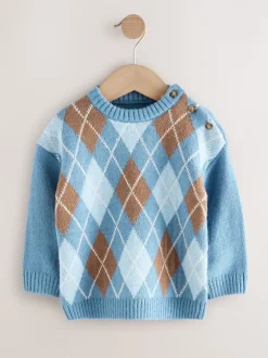Next Bleu à losanges - Pull en coton à col rond en maille (3mois -7ans) New