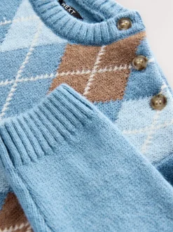Next Bleu à losanges - Pull en coton à col rond en maille (3mois -7ans) New