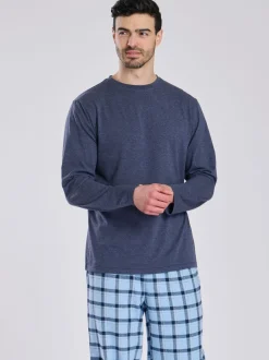 Loungeable Bleu - Ensemble pyjama haut en jersey et pantalon à carreaux brossé Online